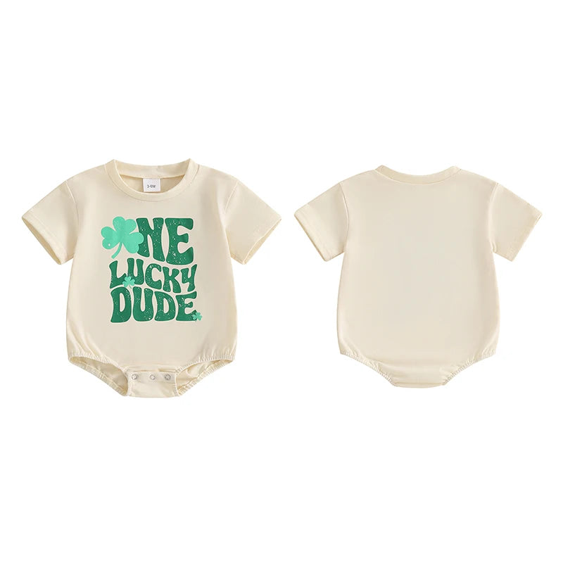 Baby Boys One Lucky Dude St. Patrick's Day Letters Shamrock Romper Infant Irish Clothes Short Sleeve Jumpsuit