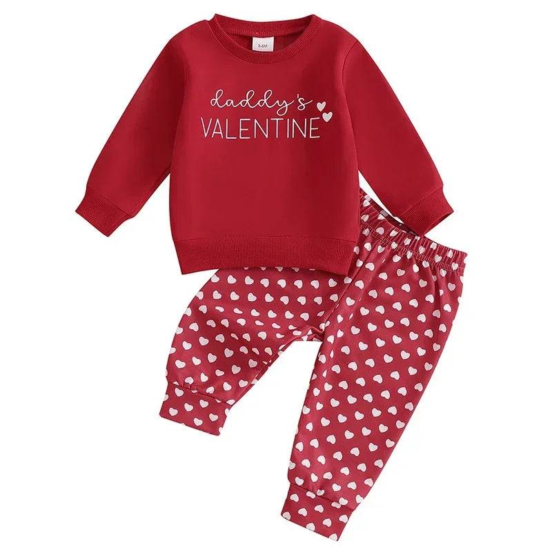 Baby Toddler Girls 2Pcs Daddy's Valentine Valentine's Day Outfit Letter Print Long Sleeve Crewneck Top with Heart Pattern Long Jogger Pants Valentines Set