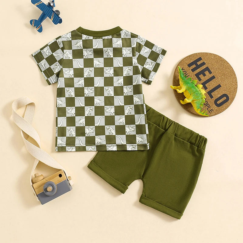 Baby Toddler Boys 2Pcs Summer Outfits Checker Print Short Sleeve Top Elastic Waist Shorts Clothes Set