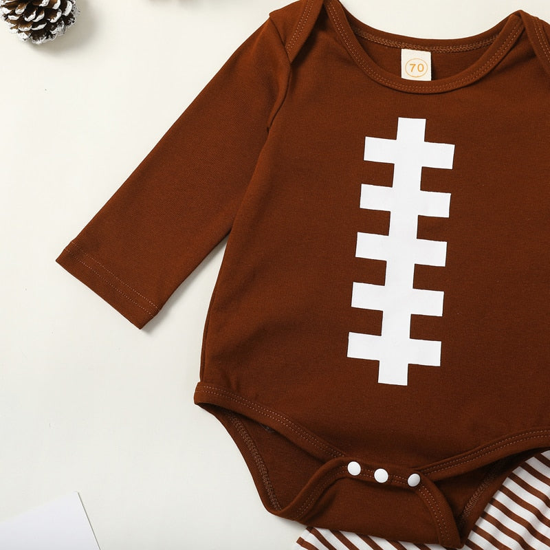 Baby Boy Girl 3Pcs Football Outfit Long Sleeve Romper Stripe Elastic Pants Hat Clothes Set
