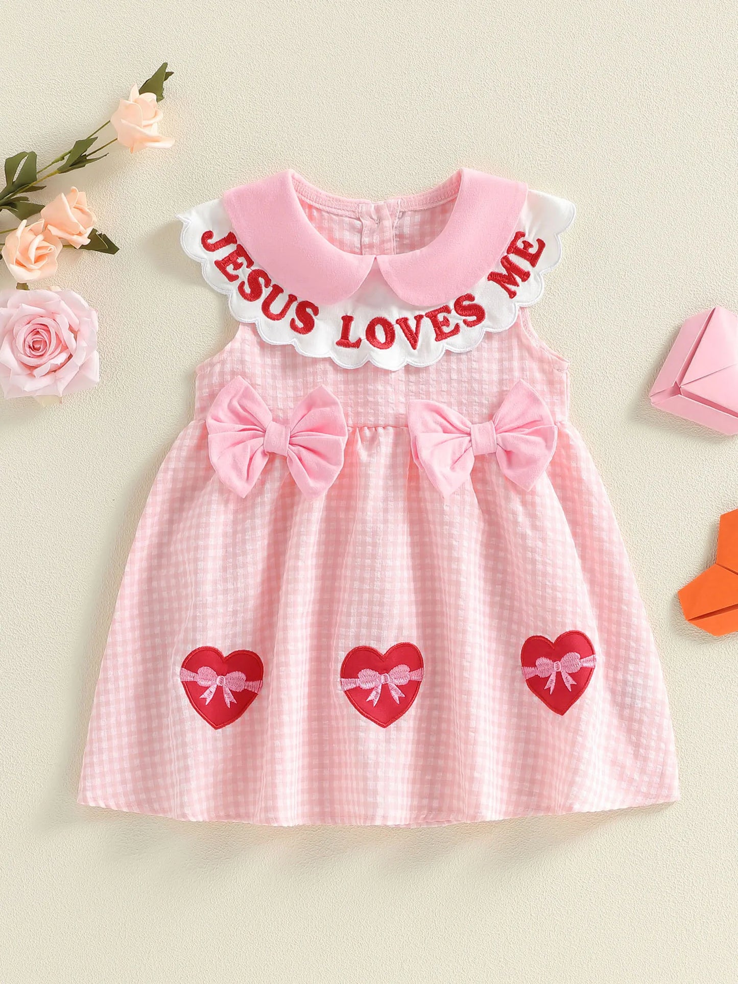 Baby Toddler Girls A-line Dress Valentine's Day Jesus Loves Me Sleeveless Doll Collar Letter Heart Embroidery Plaid Dress