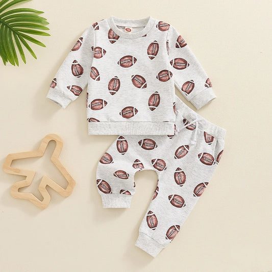 Baby Toddler Boys Girls 2Pcs Football Print Long Sleeve Round Neck Top Drawstring Pockets Pants Set