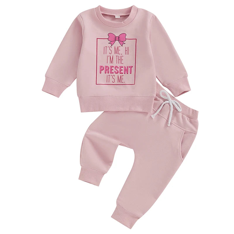 Baby Toddler Girls 2Pcs It's Me Hi I'm The Present It's Me Valentine's Day Outfit Bow Letter Print Crew Neck Long Sleeve Top Long Pants Valentines Jogger Set