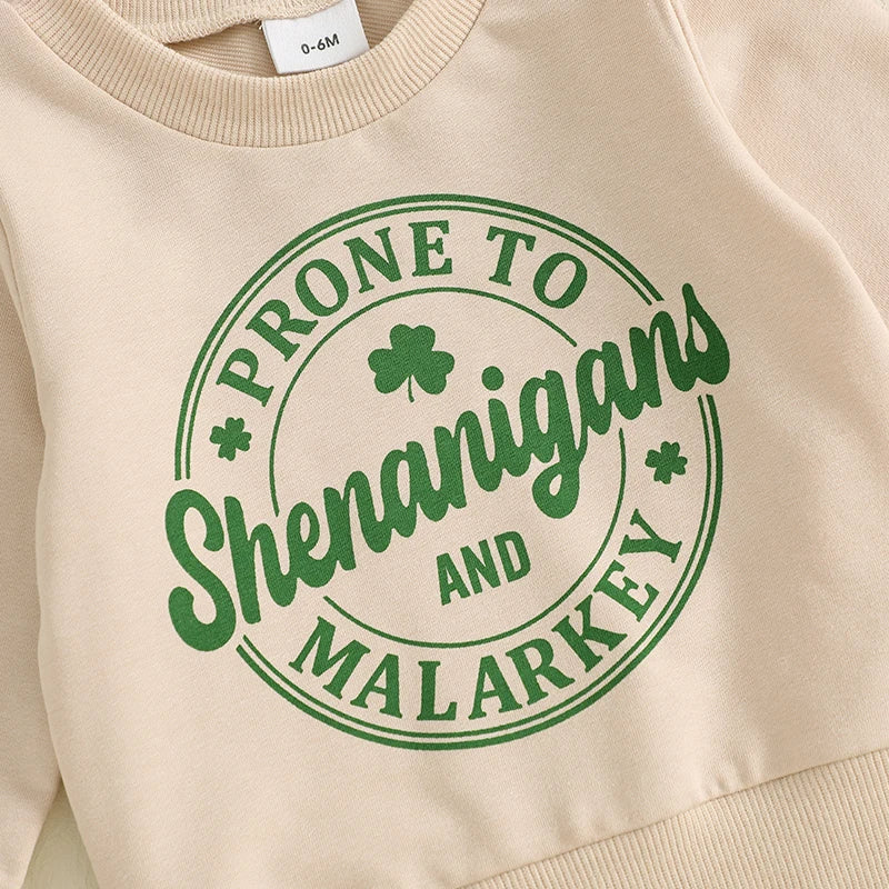 Baby Toddler Boys 2Pcs Prone To Shenanigans and Malarkey Clothes Set Long Sleeve O-Neck Letters Shamrock Print Top with Elastic Waist Jogger Pants Outfit