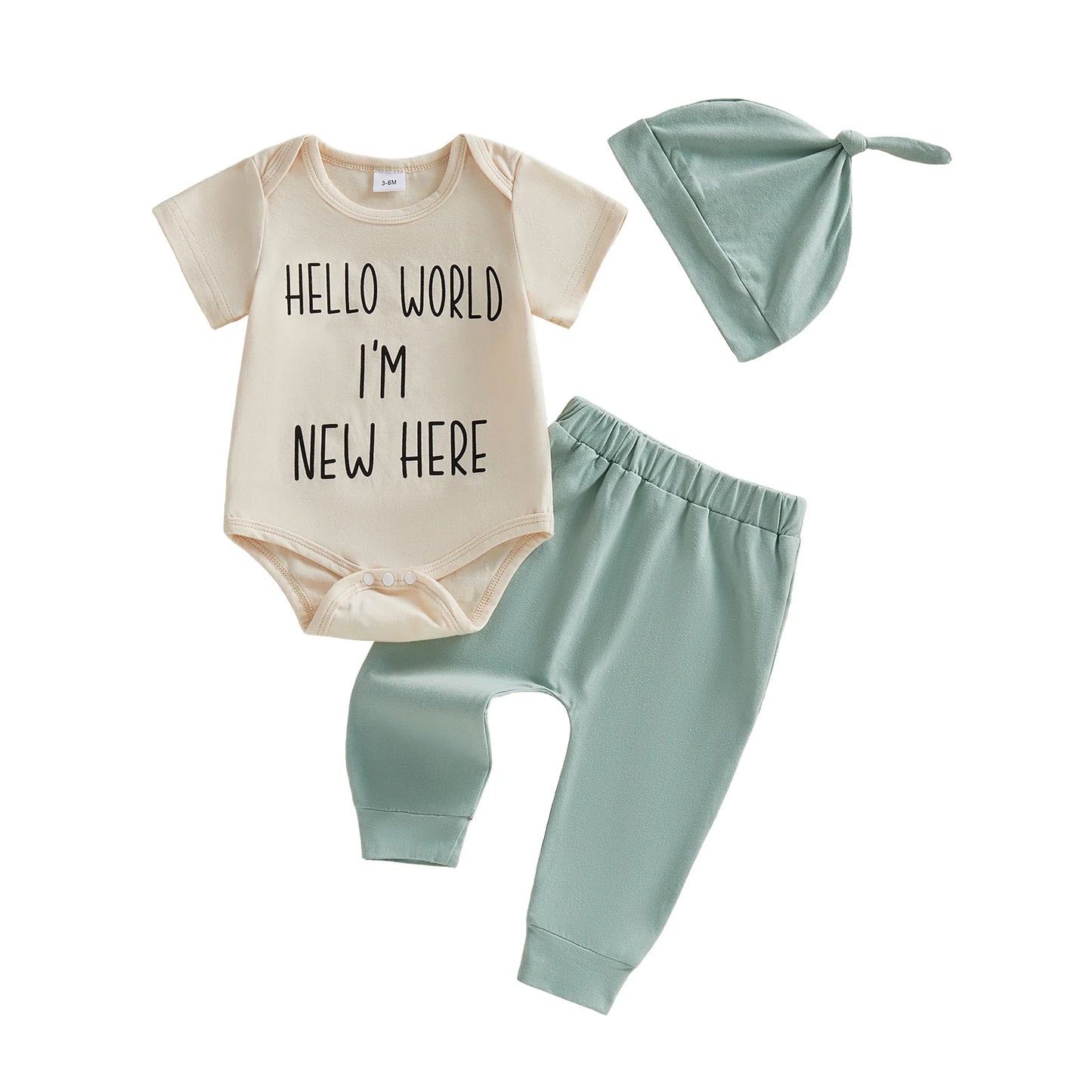 Baby Boy 3Pcs Hello World I'm New Here Summer Outfit Letter Print Crew Neck Short Sleeve Romper Pants and Hat Set