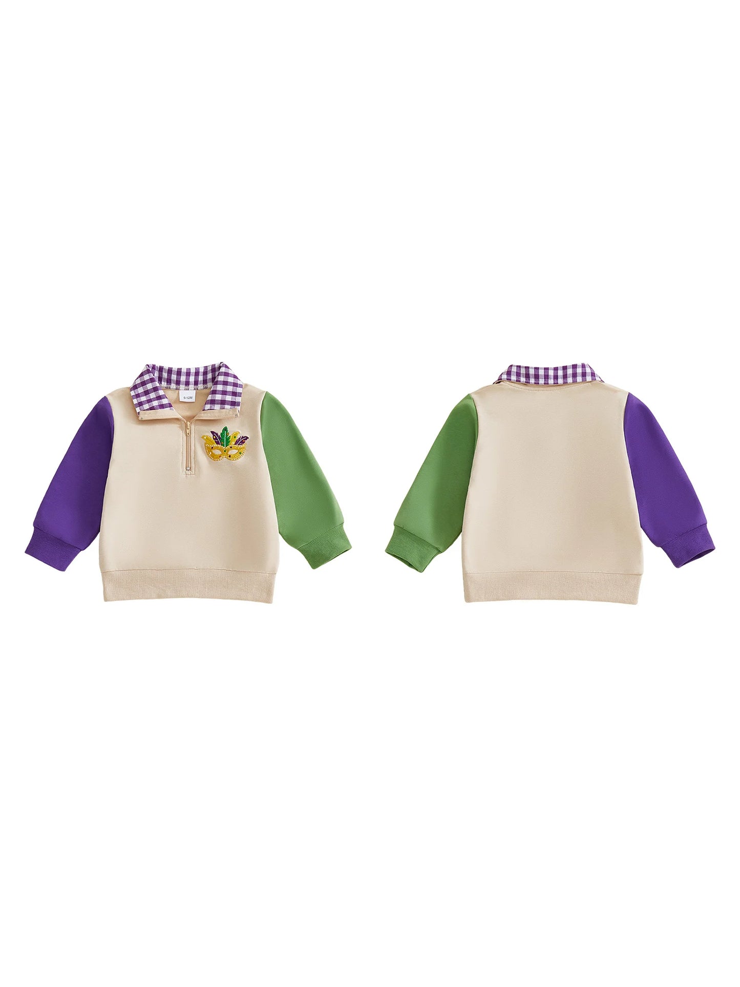 Baby Toddler Boys Collared Top Fashionable Cute Mardi Gras Mask Embroidery Long Sleeve Pullover