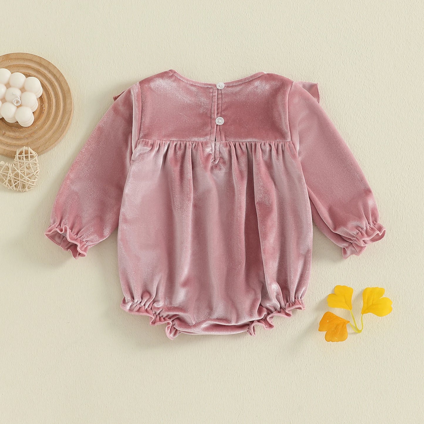 Baby Girls Velvet Romper Solid Color Ruffled Round Neck Long Sleeve Bubble Jumpsuit