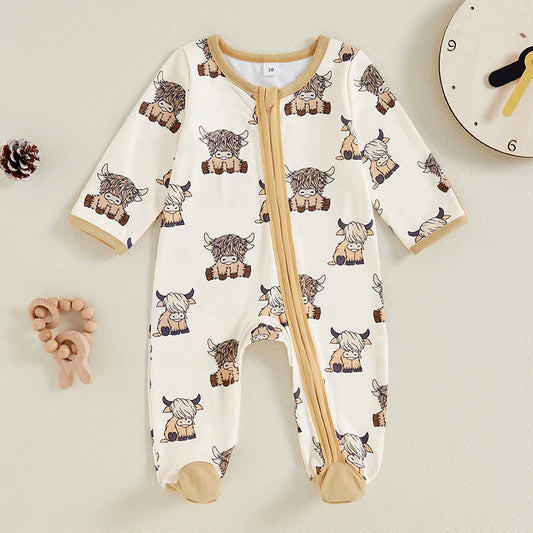 Baby Boys Girls Western Footed Jumpsuit Long Sleeve Crew Neck Cow Print Zipper Romper