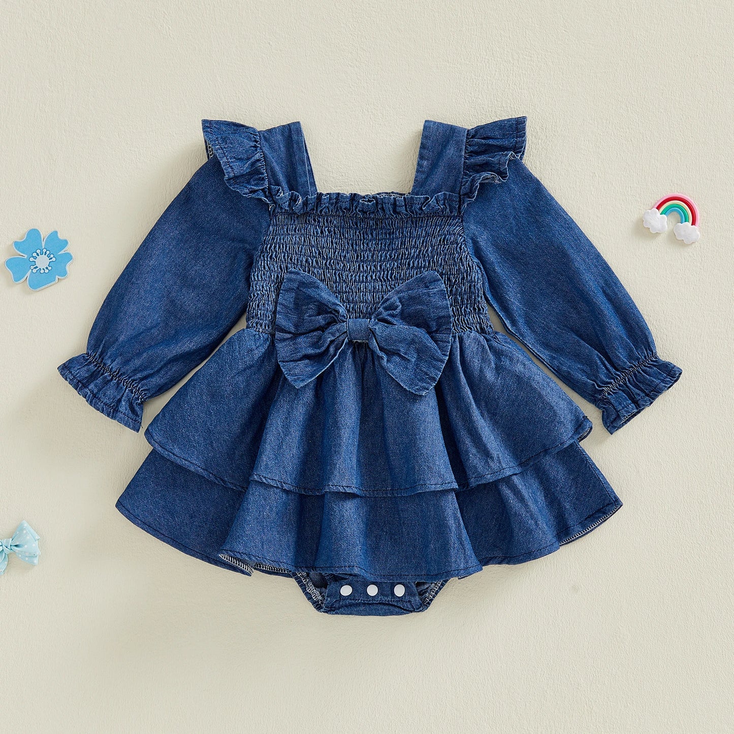 Baby Girl Denim Romper Dress Fashionable Cute Solid Color Long Bubble Sleeve Jumpsuit