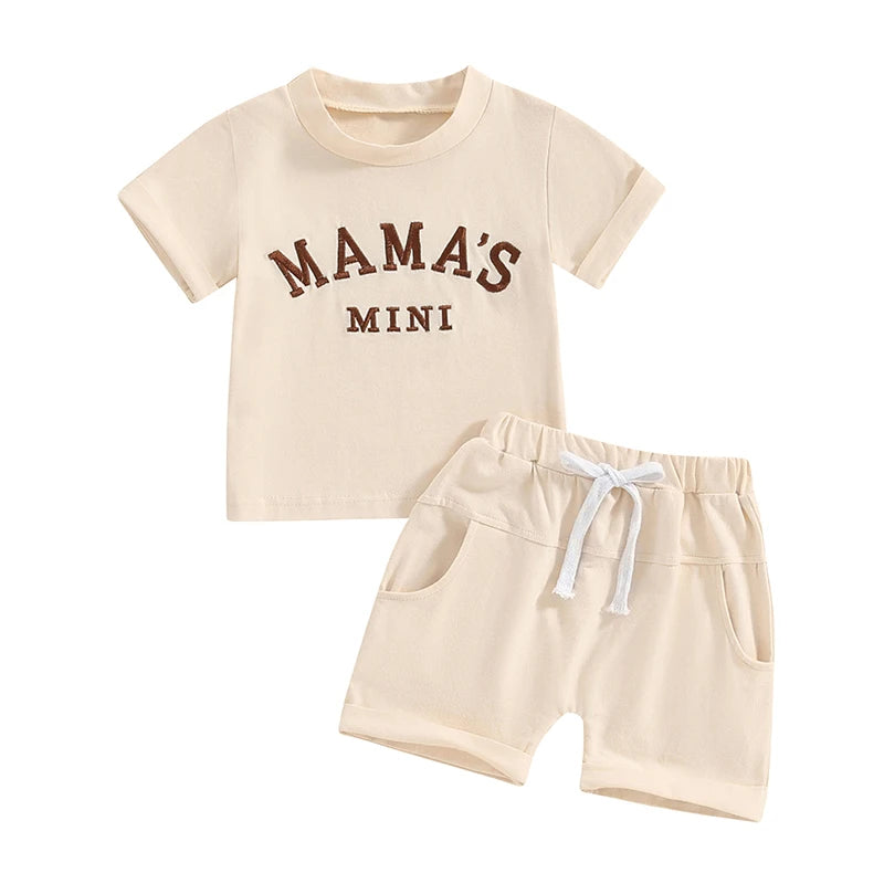 Toddler Baby Girl Boy 2Pcs Mama's Mini Outfits Letter Embroidery Short Sleeve Top and Elastic Shorts Set Summer Clothes