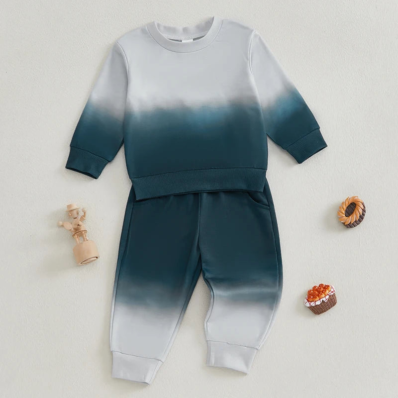 Baby Toddler Boys 2Pcs Fall Outfit Gradient Color Long Sleeve Crewneck Top and Long Pants Jogger Set