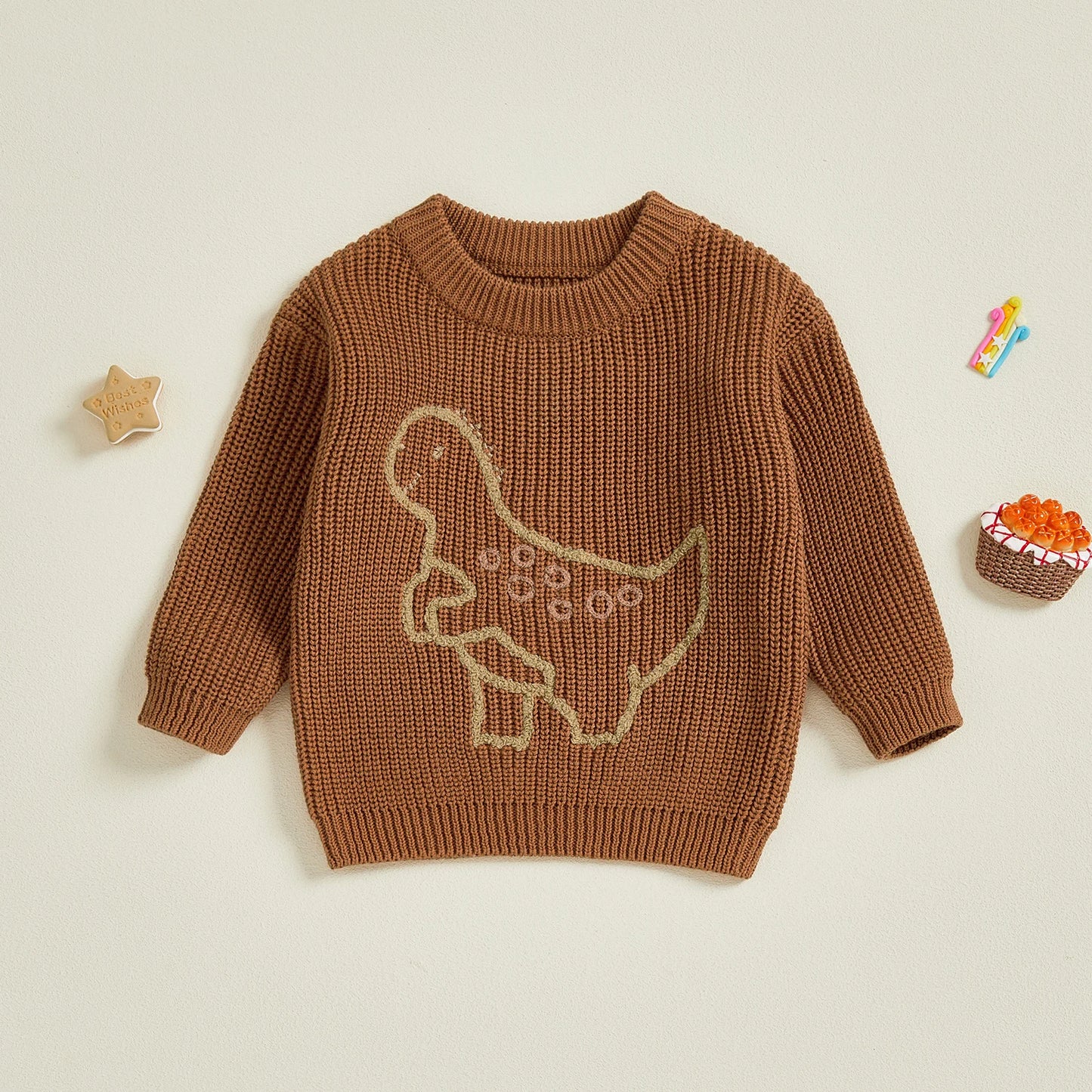 Baby Toddler Boy Sweater Long Sleeve Crew Neck Dinosaur Embroidery Knit Tops Comfortable Pullover