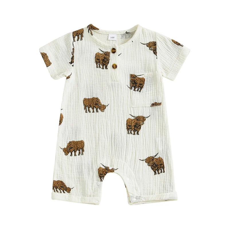 Baby Boys Girls Summer Cattle Cow Print Jumpsuit Short Sleeve Round Neck Button Up Casual Romper