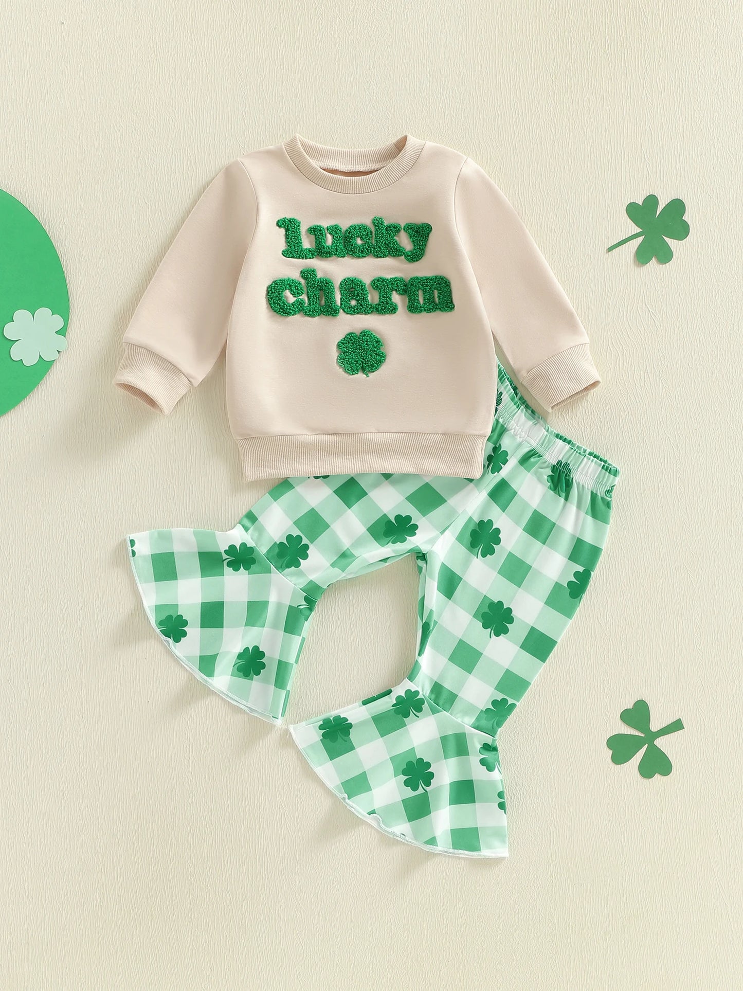 Baby Toddler Girls 2Pcs Lucky Charm Outfit Letter Embroidery Long Sleeve Round Neck Pullover Top Elastic Waist Plaid Flare Pants St. Patrick's Day Set