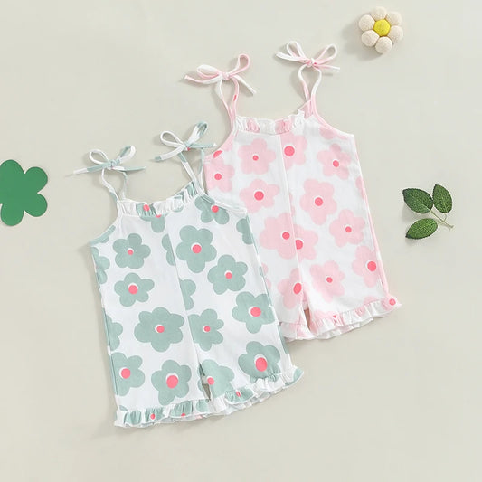 Toddler Kids Girls Romper Ruffles Sleeveless Flower Print Tie Tank Top Strap Summer Shorts Playsuit Jumpsuit