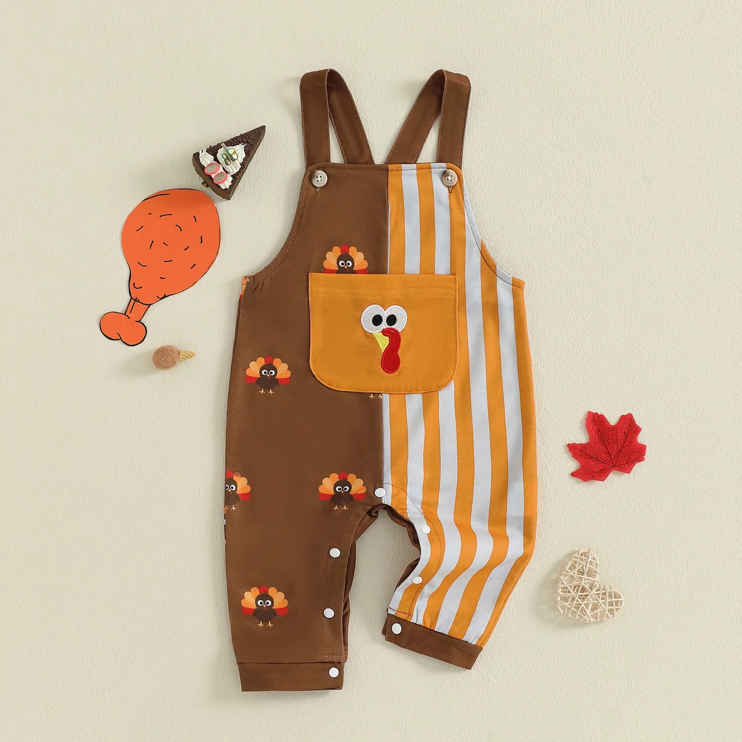 Baby Boy Thanksgiving Romper Overalls Turkey Stripe Print Sleeveless Suspender Jumpsuit