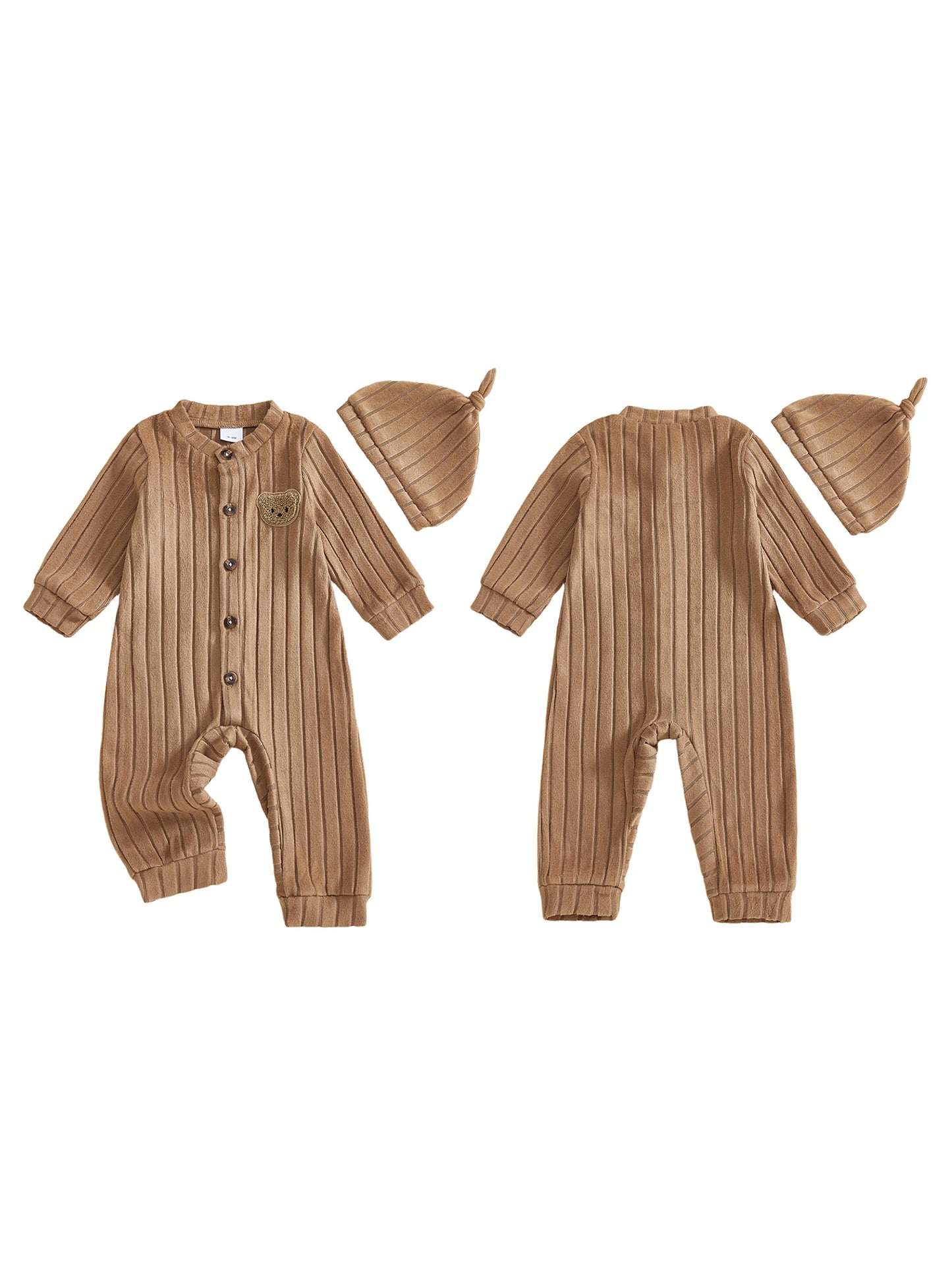 Baby Toddler Boy 2Pcs Jumpsuit and Hat Set Long Sleeve Bear Embroidery Button Down Romper with Hat Newborn Outfit