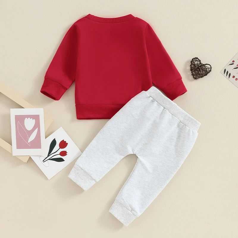 Toddler Baby Boy Girl 2Pcs Set Long Sleeve Letter Mama's Littlest Little Valentine / Mama's Boyfriend Heart Print Top with Jogger Pants Valentine's Day Outfits