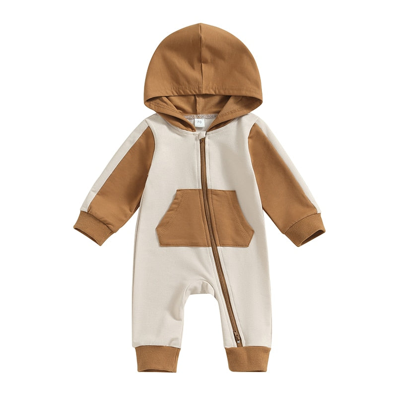 Baby Boy Girl Full Length Jumpsuit Contrast Color Hood Long Sleeve Romper with Zipper