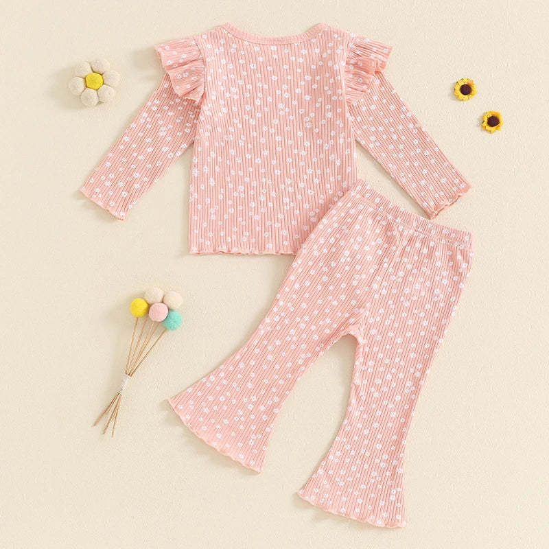 Toddler Kids Girls 2Pcs Fall Outfit Ruffle Flower Print Long Sleeve Top + Flare Pants Set