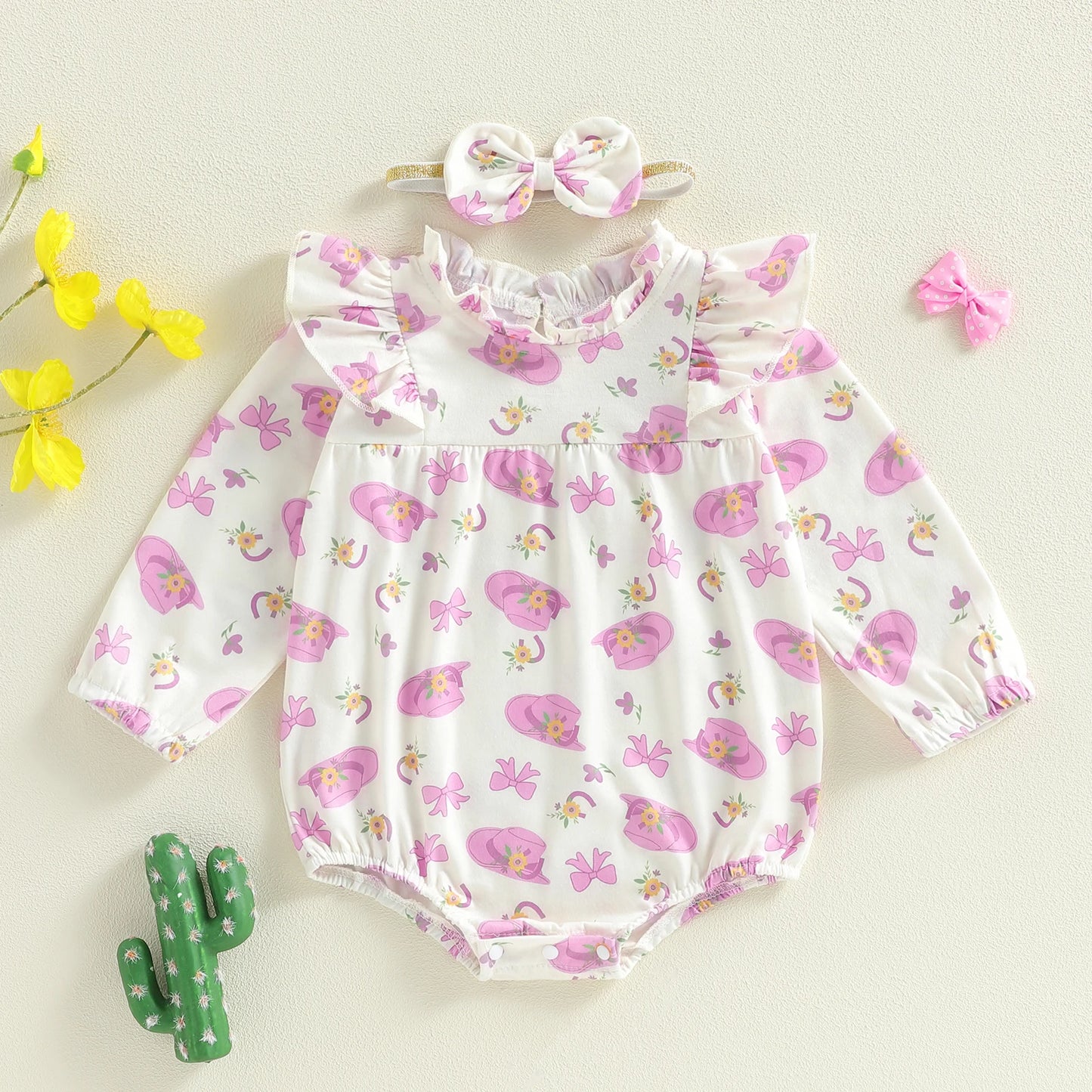 Baby Girl 2Pcs Outfit Long Sleeve Crew Neck Hat Bow Print Romper with Hairband Fall Clothes Set