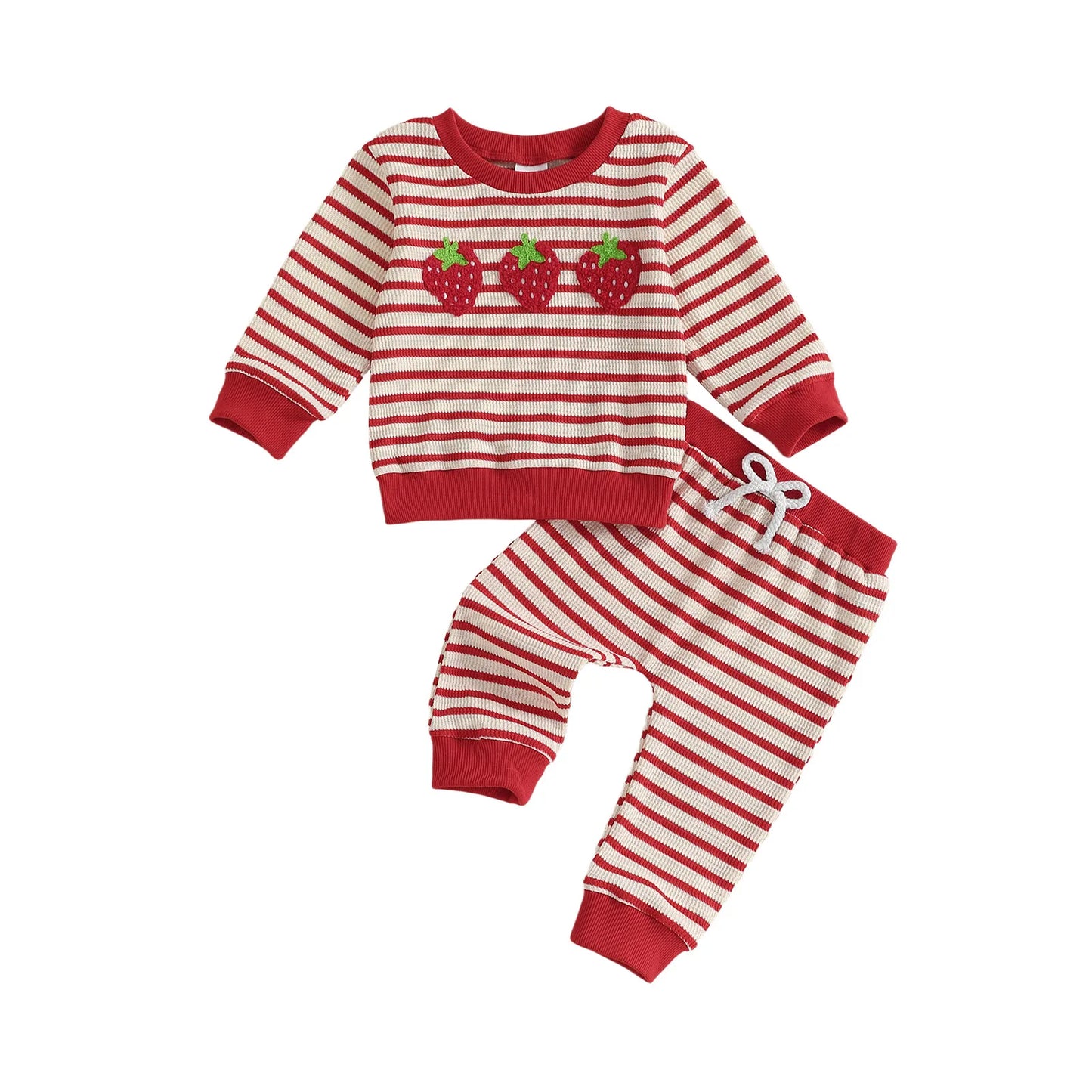 Baby Toddler Girls 2Pcs Autumn Pants Sets Strawberry Embroidery Long Sleeve Top Striped Pants Set