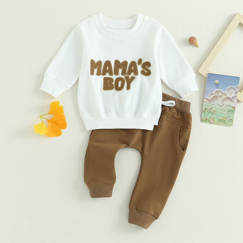 Baby Toddler Boys Girls 2Pcs Fall Clothes Sets Long Sleeve Mamas Boy Embroidery Tops Pant