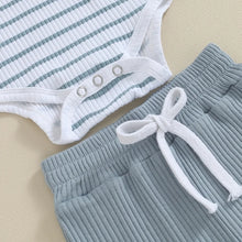 Load image into Gallery viewer, Baby Boy Girl 2Pcs Striped Short Sleeve Ribbed Romper Button Collar Elastic Shorts Set Outfits
