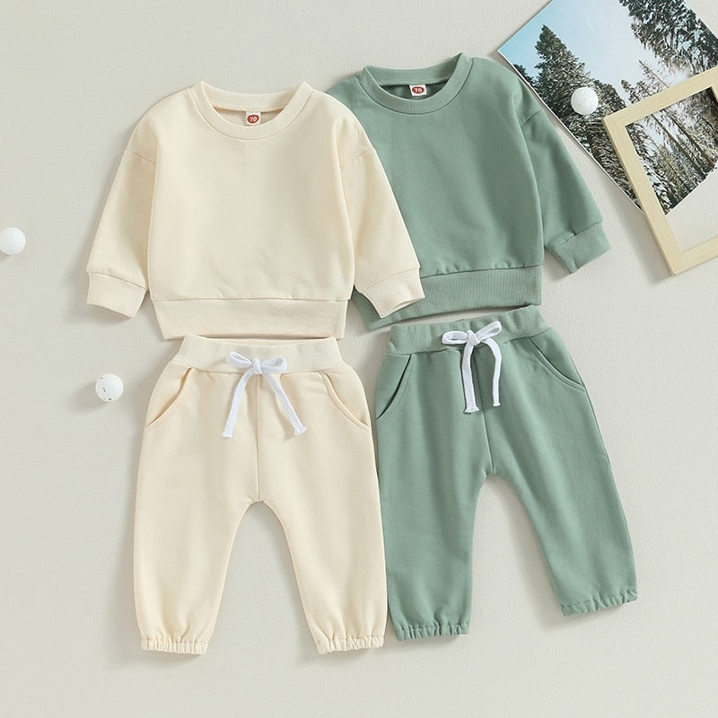 Baby Toddler Girls Boys 2Pcs Fall Sets Solid Long Sleeve Tops Pants Outfit