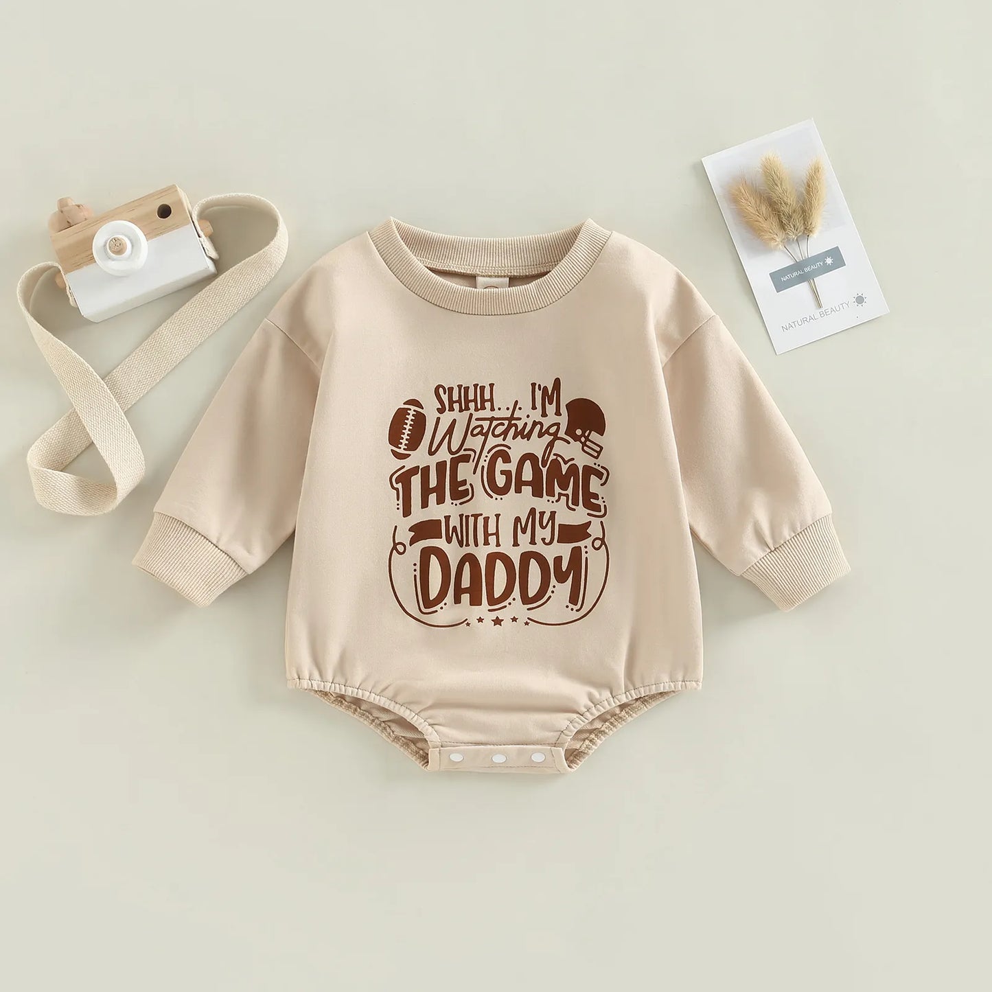 Baby Boys Girls Long Sleeve Letters Shh I'm watching the Game With My Daddy Print Football Bodysuit Romper Jumpsuit