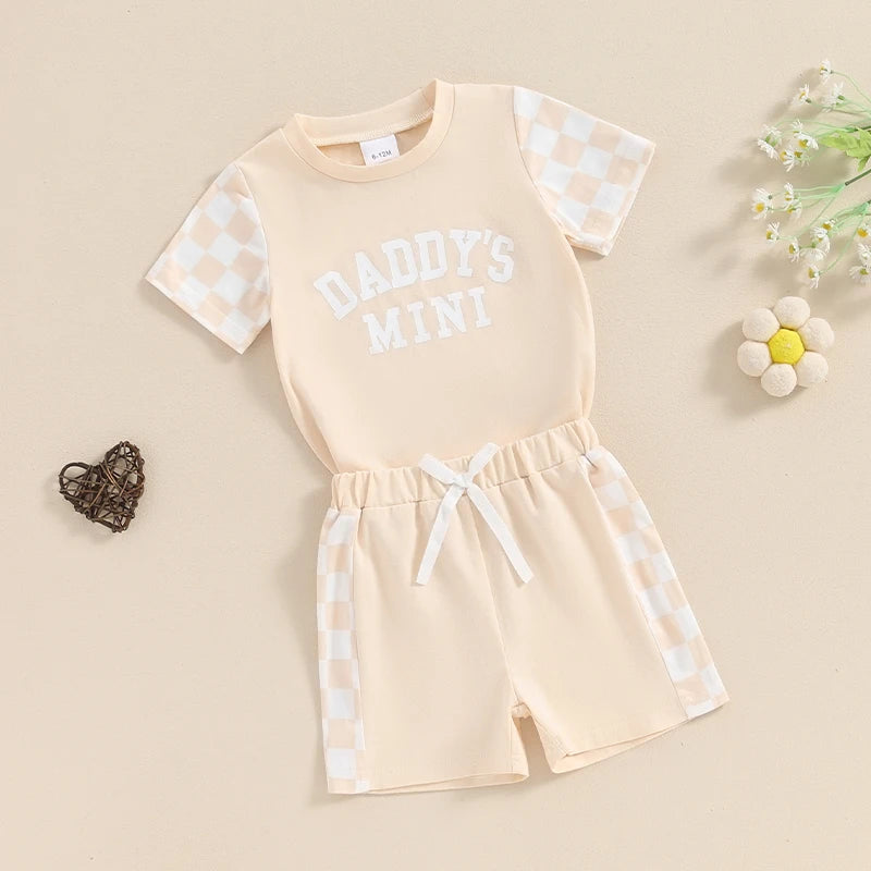 Baby Toddler Girl 2Pcs Daddy's Mini Summer Outfit Letter Print Checkerboard Short Sleeve Top with Elastic Waist Shorts Clothes Set