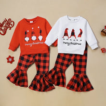 Load image into Gallery viewer, Baby Toddler Girls 2Pcs Merry Christmas Outfit Gnome Letter Embroidery Long SleeveTop Plaid Flare Pants Set
