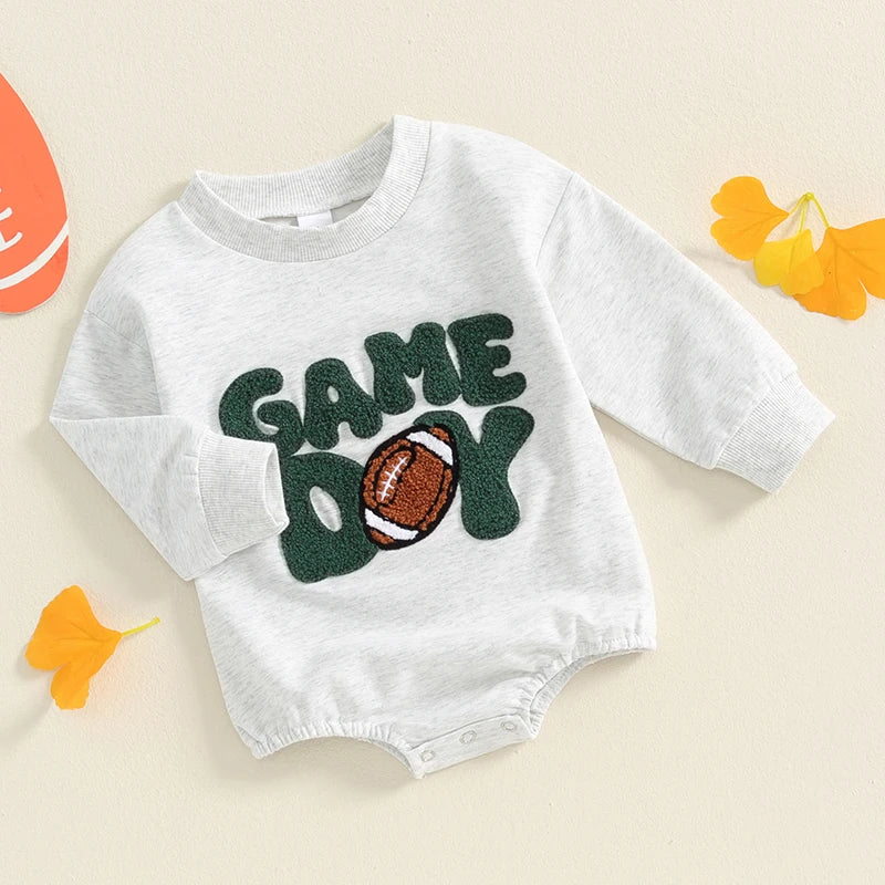 Baby Boys Girls Game Day Football Romper Letter Embroidery Long Sleeve Bubble Jumpsuit