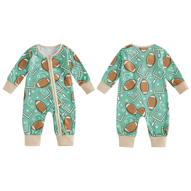 Baby Boy Long Sleeve Romper Football Print Front Zipper Jumpsuit Fall