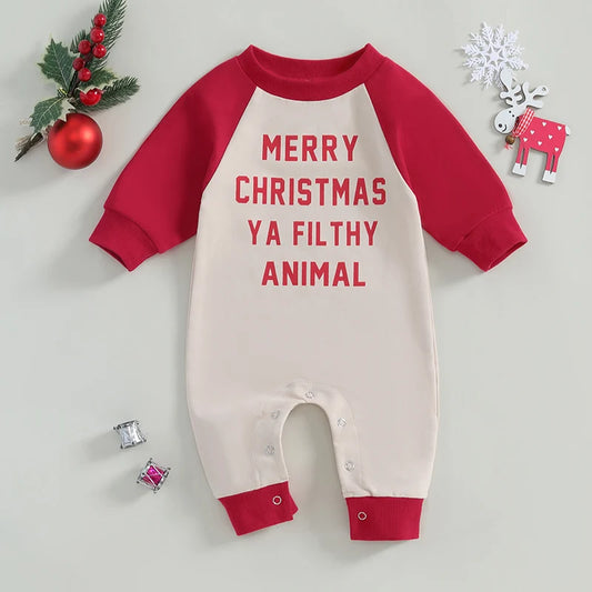 Baby Boys Girls Winter Christmas Romper Merry Christmas Ya Filthy Animal Letter Print Long Sleeve Full Length Jumpsuit