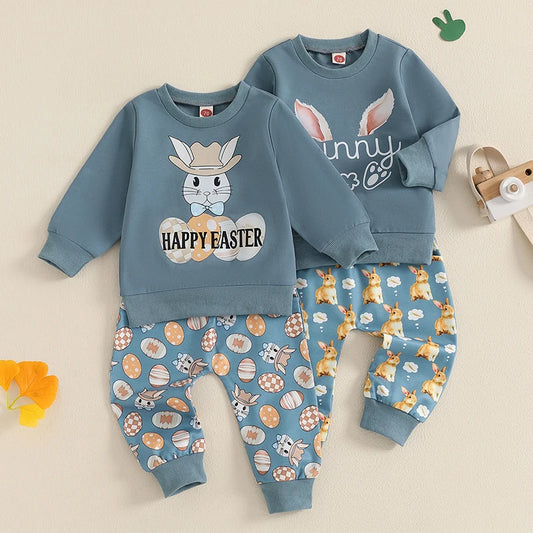 Baby Toddler Boys 2Pcs Happy Easter Outfit Bunny Letter Long Sleeve O Neck Egg / Rabbit Print Top and Pants Jogger Set