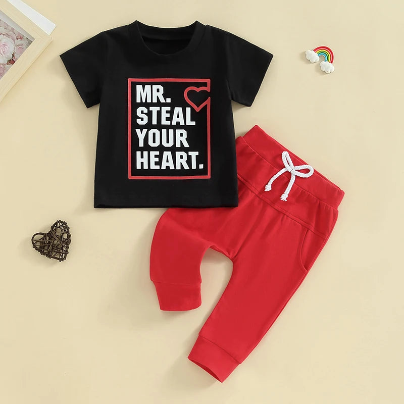 Baby Toddler Boy 2Pcs Valentine's Day Outfit Mr. Steal Your Heart Letter & Heart Print Short Sleeve Top with Solid Color Long Pants Set