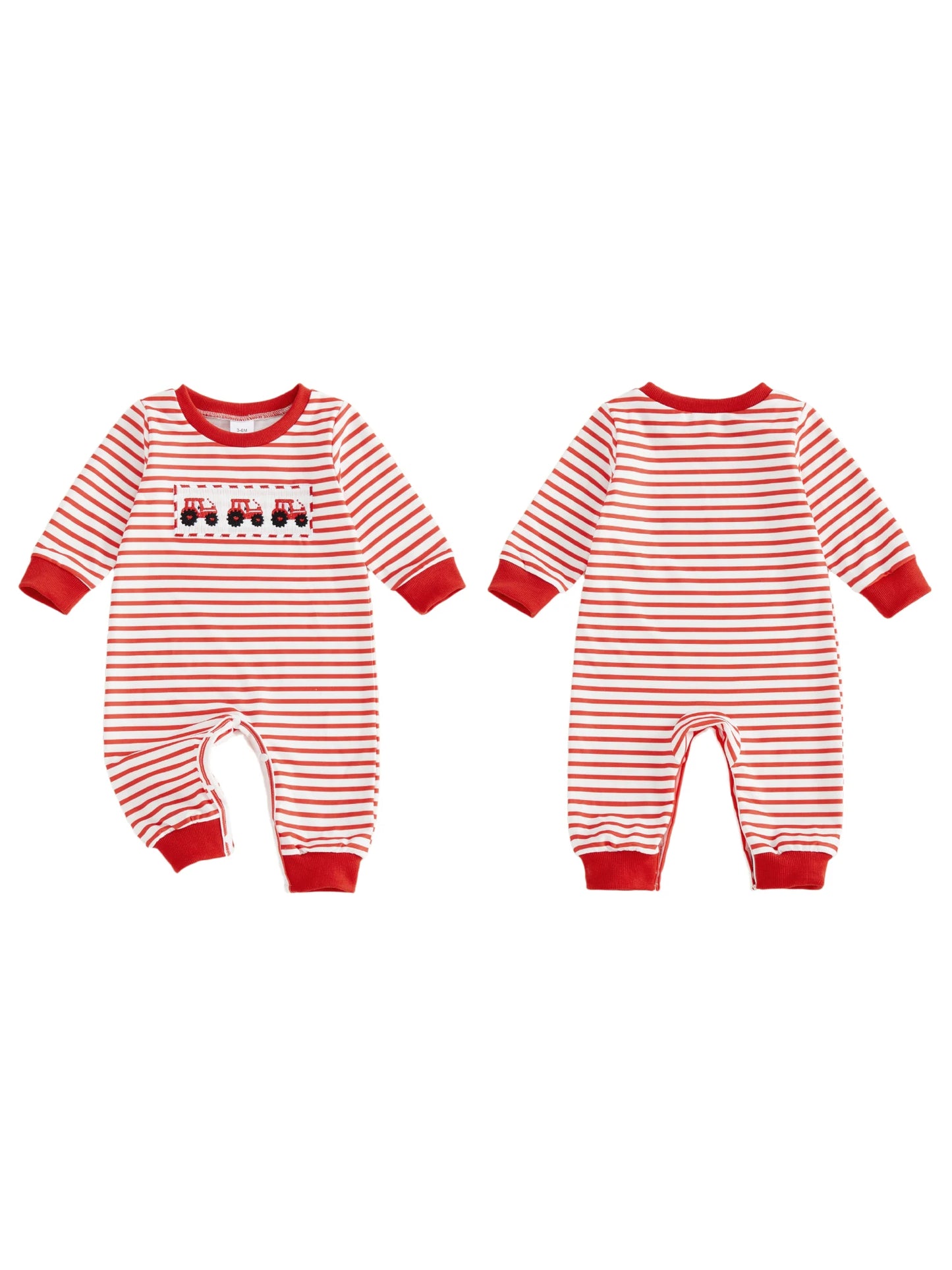 Baby Boys Striped Jumpsuit Long Sleeve Crewneck Heart Tarctor Embroidery Loose Fit Romper