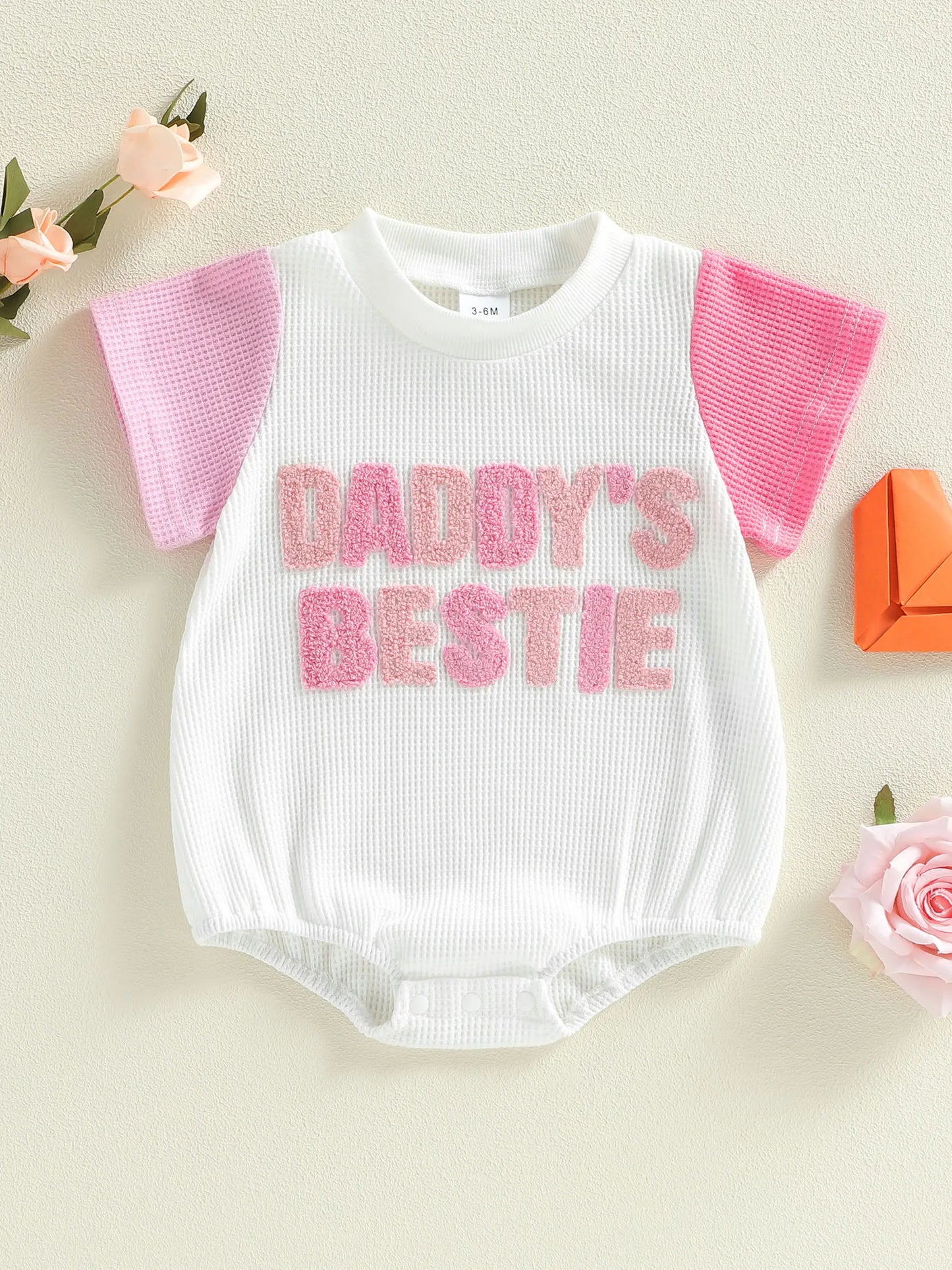 Baby Girls Daddy's Bestie Summer Romper Fashionable Letters Embroidery Short Sleeve Round Neck Jumpsuit