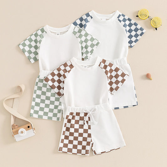 Baby Toddler Kids Boys 2Pcs Set Plaid Checker Short Sleeve Crew Neck Top with Elastic Waist Shorts Set Summer Outfit