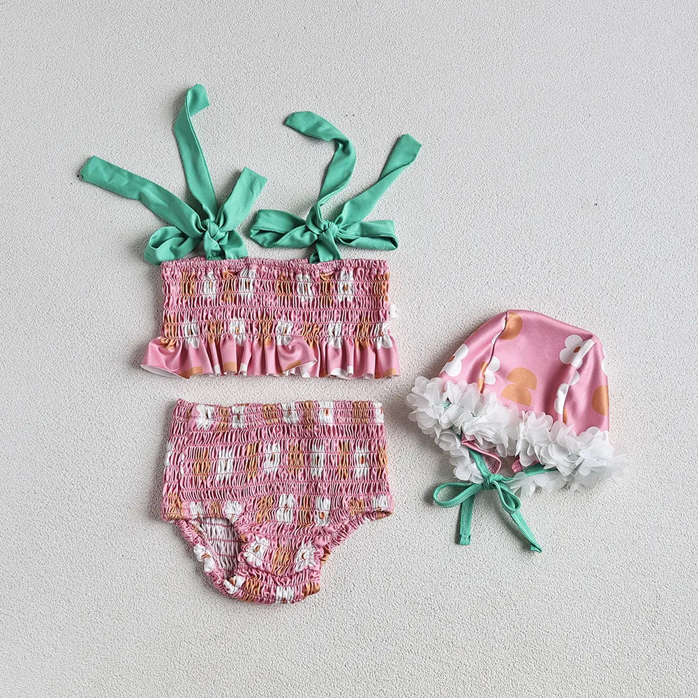 Baby Girls Floral Bandage Swimsuit With Hat Set