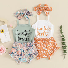 Load image into Gallery viewer, Baby Girls 3Pcs Auntie&#39;s Bestie Sleeveless Tank Top Letter Print Camisole Bodysuit Ruffle Floral Flowers Shorts Headband Set
