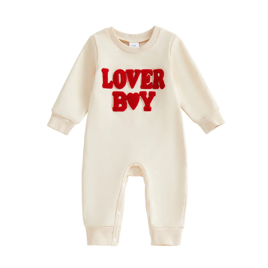 Baby Boy Lover Boy Romper Letter Embroidery Crew Neck Long Sleeve Jumpsuit Valentine's Day