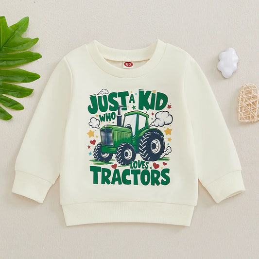 Baby Toddler Boys Just A Kid Who Likes Tractors Print Long Sleeve Crew Neck Pullover Fall Top