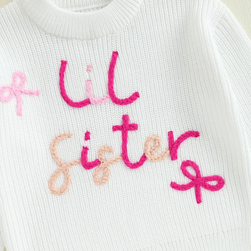 Baby Toddler Girls Lil/Big Sister Sweater Letter Bow Embroidery Crew Neck Long Sleeve Pullover Knit Top