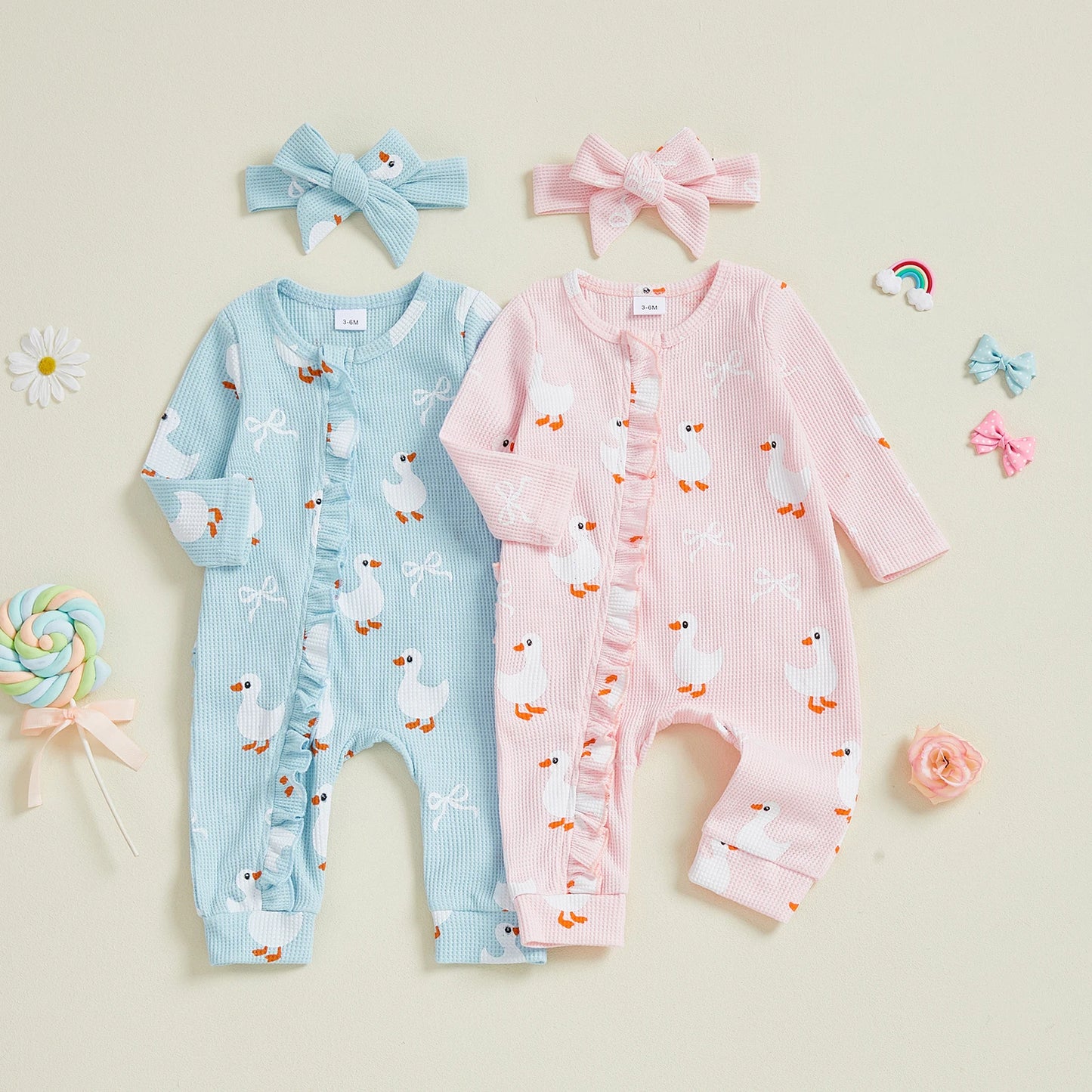 Baby Girls 2Pcs Fall Waffled Zipper Romper Bow Goose Animal Print Long Sleeve Round Neck Zip Up Jumpsuit with Headband Set