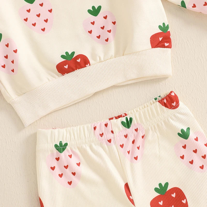 Baby Toddler Girls 2Pcs Outfit Strawberry Print Long Sleeve Crewneck Top with Flare Pants Set