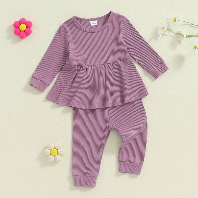 Toddler Kids Girls 2Pcs Fall Outfit Solid Color Ribbed Long Sleeve Babygirl Shirt and Elastic Pants Set