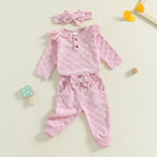 Baby Girls 3Pcs Set Checkered Button Long Sleeve Round Neck Ruffled Romper Long Pants Hair Band Outfit
