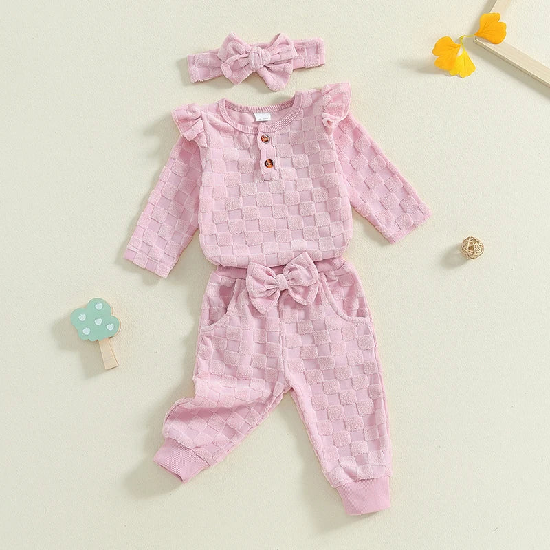 Baby Girls 3Pcs Set Checkered Button Long Sleeve Round Neck Ruffled Romper Long Pants Hair Band Outfit